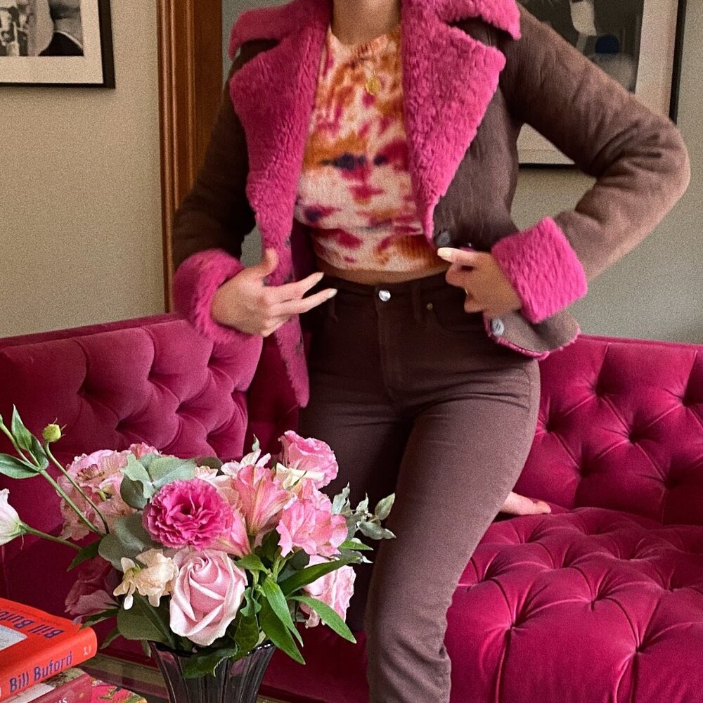 Vintage Brown Suede Coat with Hot Pink Shearling